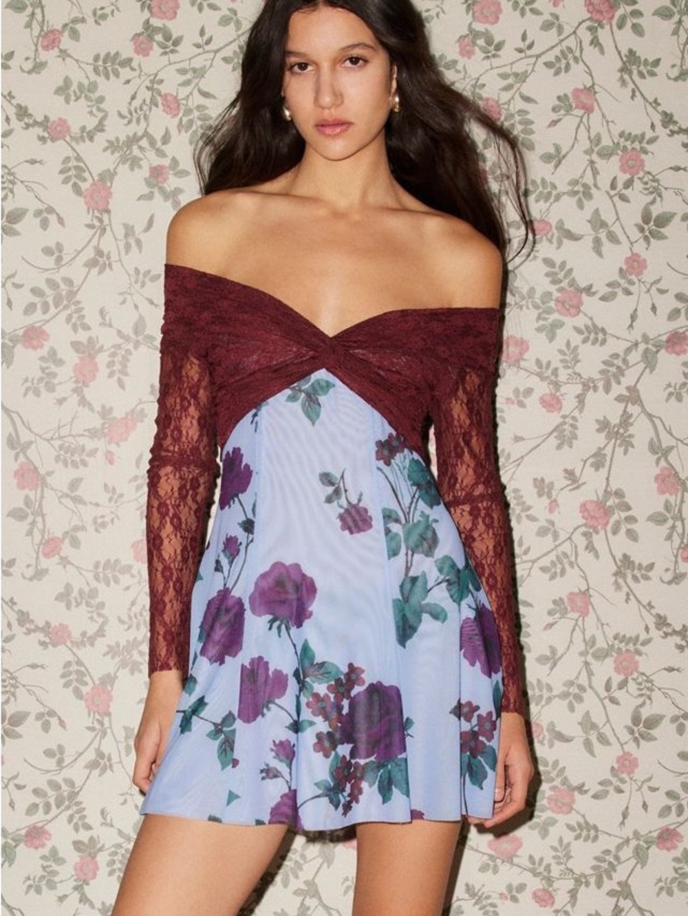 Kimchi Blue Sydney Burgundy Lace Shrug Over Light Blue Floral Mini Dress